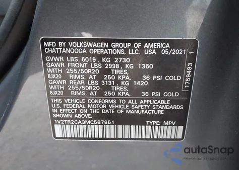 2021 Volkswagen Atlas 3.6L V6 Sel Premium from USA, damaged, VIN 1V2TR2CA3MC587851